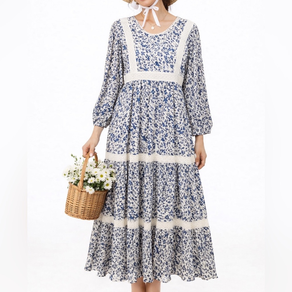 Attic Salt NWT Boho Blue & Cream Floral Peasant Crochet Lace Boho Maxi Dress